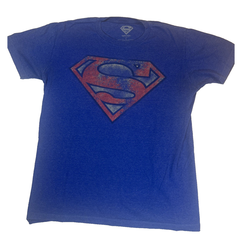 Superman T-shirt DC Comics Worn Logo Graphic Tee Heather Navy Blue‎ Medium